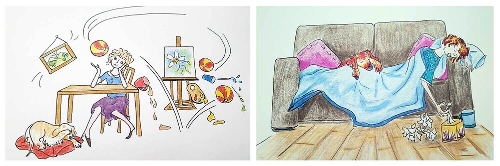 Art doodle sketches of being poorly and overwhelmed