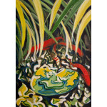 A miniature painting of 3 goldfish and waterlily pad with light reflections in the water