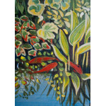 A miniature painting of 3 gold fish in a pond with marginal plants and water reflections