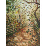 Painting of a pathway through golden trees in autumn sunshine