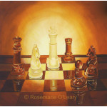 A painting of a check mate chess game with glass pieces reflecting light