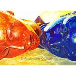 A painting of two glass heads one orange and one blue reflecting light
