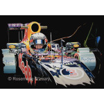 A bold painting of an F1 racing car being prepped before a race